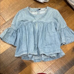Light Wash Denim Peplum Bell-Sleeve Blouse